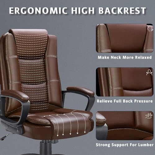 Adjustable High Back PU Leather Executive Office Chair, Brown | Ideal for office or home, 360° swivel, padded armrests, pneumatic height adjustment, Durable PU leather for long sitting - color: Brown