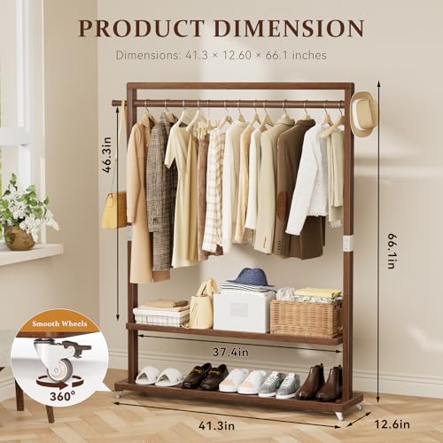 Solid Wood Clothes Rack with Wheels 3-in-1 Garment Rack Extra Long Rod 2 Shelves - size: L-12.6"L x 41.3"W x 66.1"H