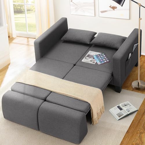6-in-1 Convertible Sofa Bed, 58" Loveseat Sleeper Sofas, Gray | Pull Out Couch Bed with Removable Backrest, Storage Pockets and 2 Pillows, Modern Folding Linen Futon Couch for Small Spaces - color: Gray(58" W), size: 58" W