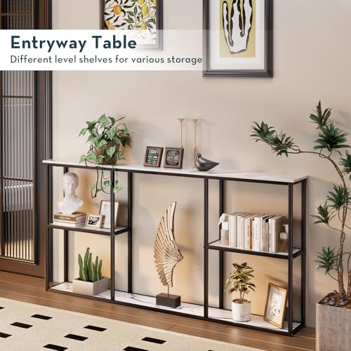WOHOMO 63 in Entryway Table Modern Sofa Table with Shelves White Marble | 12 Inch Narrow Console Table for Living Room, 63" Hallway Table for Corridor, with 3-Tier Storage - color: White Marble, size: 63"