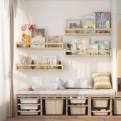 Onlysky Set of 4 Wall-Mounted Kid's Bookshelf - Wood Floating Nursery Book Shelves - Durable Wood Construction - Ideal for Nursery Decor, Kids Room, Toy Storage - color: Wood, size: 23 Inches