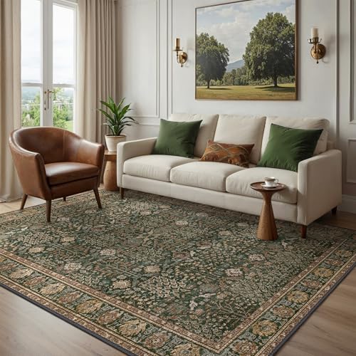 6x9 Washable Area Rug for Living Room, Non Slip, Dark Green Brown | Vintage Floral, Spill Resistant, Lightweight Ultra-Thin Carpet for Bedroom, Dining Room and Office - color: Dark Green Brown, size: 6' x 9' (Rectangular)