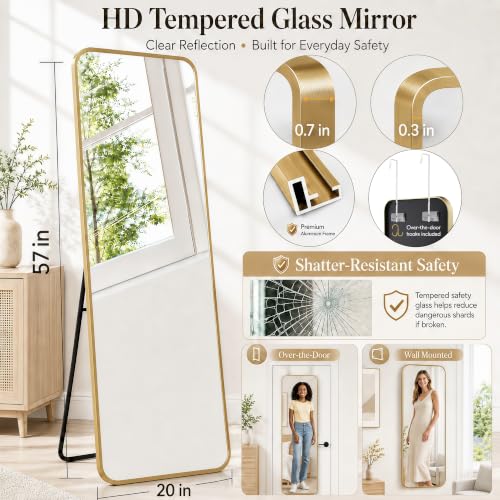 57x20" Full Length Mirror Floor Stand,Over the Door,Wall Mounted Gold | HD Crystal Clear Tempered Glass,Aluminum Frame,Full Body Dressing Make-Up Mirrors Rect Hang for Bedroom,Bathroom,Living Room - color: Gold, size: 57"L x 20"W