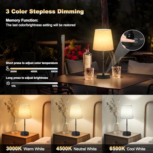 Wowag Cordless Table Lamp,5000mAh Rechargeable Battery Operated Desk Lamp,3 Colors & 7 RGB Stepless Dimmable,Portable Wireless Touch Bedside Night Light for Restaurant,Home,Decor Party,Flaxen Shade - color: Black+Flaxen Shade, size: 15.35in