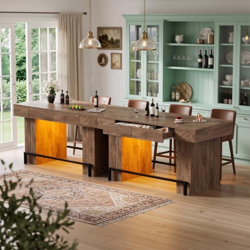 PAKASEPT 63" Bar Table, Rectangular Counter Height Pub Table with 4 Drawers and LED Lights, Large Wooden Counter Height Kitchen Island for Home Bar, Dining Room, Restaurant