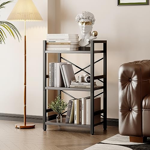 Homeiju Bookshelf, 3 Tier Industrial Bookcase, Metal Small Bookcase, Rustic Etagere Book Shelf Storage Organizer for Living Room, Bedroom, and Home Office(Grey) Patent Pending D29873033 - color: Grey, size: 3 Tier
