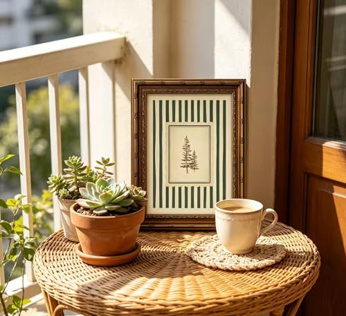 Vintage Gold Framed Pine Tree Wall Art, Green Striped Botanical Tree Canvas Prints, Hand Drawn Forest Landscape Quiet Wall Decor, Rustic Farmhouse Woodland Poster Artwork for Bedroom Living Room Office Decor, 12x16in - color: Tree, size: 16"L x 12"W