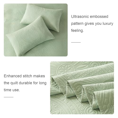 WURUIBO Full/Queen Quilt Set Sage Green,Ultrasonic Embossed Bedspread, Lightweight Microfiber Coverlet, Modern Thin Bedding Set for All Season, 3 Piece(1 Quilt,2 Pillow Shams) - color: Sage Green, size: Full/Queen(90"x96")