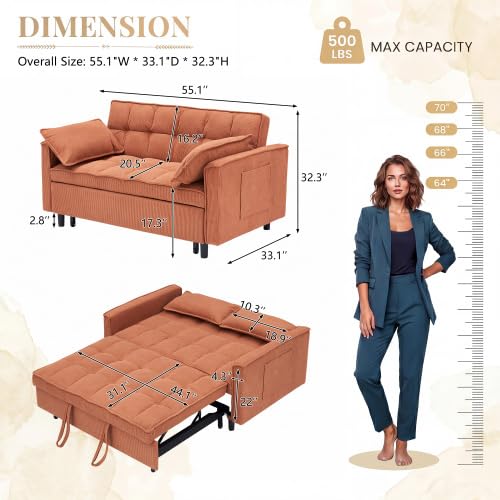 Sleeper Sofa Bed with Adjustable Backrest & Side Pockets, Orange | Adjustable Backrest & Side Pockets,Pull Out Sofa,Comfortable Fabric - color: S-orange-k9