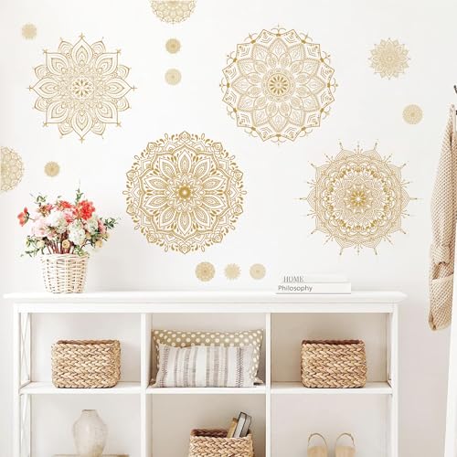 Large Mandala Wall Sticker Peel and Stick Boho Lotus Flower Wall Stickers Decor Mandala Floral Window Decals Clings Headboard Gold Mandala Wall Art Decal for Bedroom Living Room Yoga Decoration - color: Gold-big