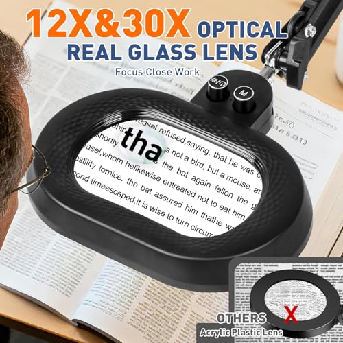 KIRKAS 12X 30X Magnifying Glass with Light, 3-axis Rotation Magnifying Lamp | 35in Long Arm LED Lighted Magnifier Real Glass Lens for Repair Craft Sewing Workbench, Knob Stepless Dimming and Color - size: 12X 30X