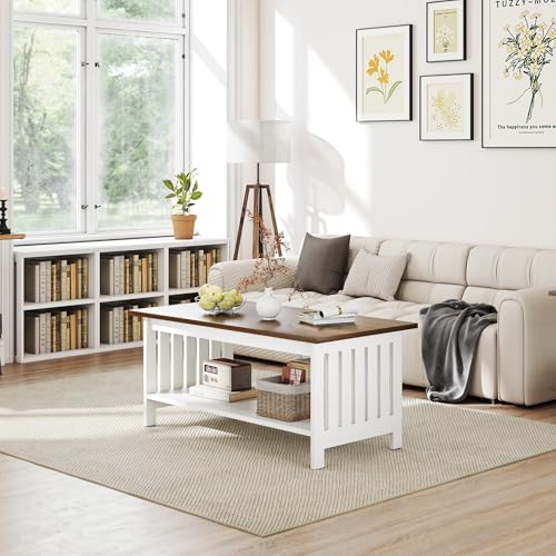 39.4" Farmhouse Coffee Table, Small Coffee Tables for Living Room | White, 2 Tier Coffee Table with Storage, Tea Table for Living Room Bedroom Small Space - color: White