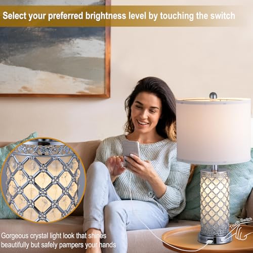 Serteaw Touch Control Table Lamp Set of 2,Silver Crystal Nightstand Lamps with USB Charging Ports, Stepless Dimming, Modern Side Lamps for Bedroom & Living Room, Energy-Efficient LED Bulbs Included - color: Silver crystal