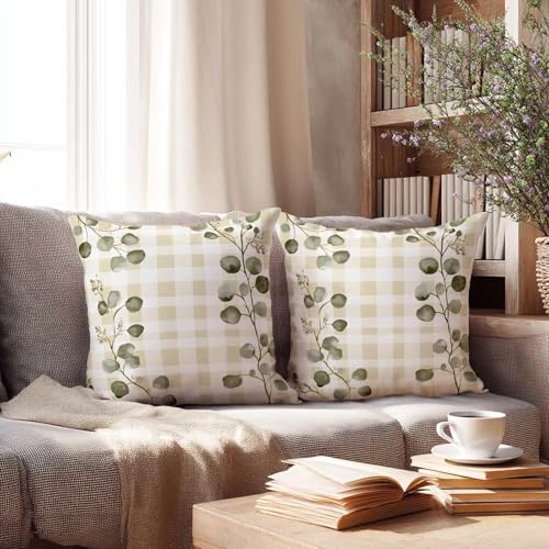 Neutral Beige Gingham Throw Pillow Covers 18x18 Set of 2 | Minimalist Botanical Cottagecore Square Cushion Cases for Sofa Bed Living Room | All-Season Home Decor, Decorative Pillowcases - color: Neutral Beige