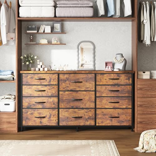 Romorgniz 47.2"W Long Dresser with 11 Fabric Drawers, TV Stand & Wooden Top | Five large and six small drawers provide organized storage, with a stable metal frame for bedrooms, living rooms and TV areas - color: Rustic Brown
