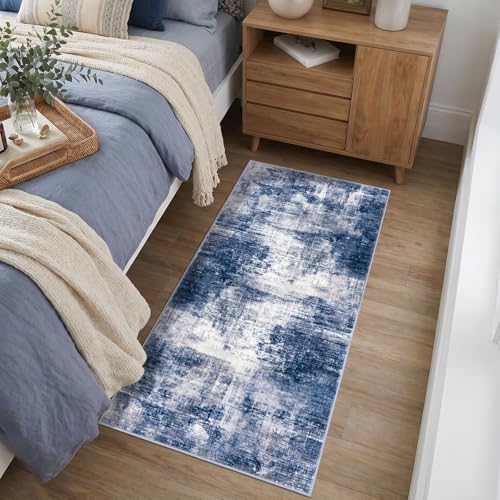Abstract Runner Rug 2x4 Ft Entryway Rugs Washable Door Mat Indoor Entrance, Rubber Backed Entryway Runners, Printed Faux Wool Non Slip Floor Carpet for Foyer Front Door Sink, Navy/Grey - color: Navy/Grey/White, size: 2' x 4' (Rectangular)