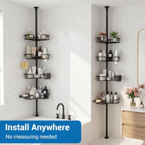 4-Tier Corner Shower Caddy Tension Pole, Floor to Ceiling Shower Corner Shelf Organizer with Soap Hold No-Drill 23.6-114.5 Inch - color: Tension Pole Black
