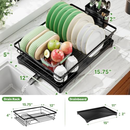 Simple Trending Dish Drying Rack, 15.75'' D x 12'' W, Black | Dish Rack for Kitchen Counter, Stainless Steel Dish Drainer, Cutlery Holder, Drainboard, Space-Saving, Easy Installation