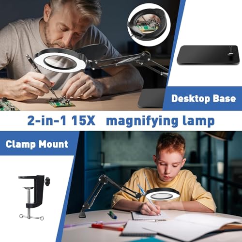 15X Magnifying Glass with Light & Stand,Real Glass,RTM Safety Protection,5 Colors Stepless Dimmable Eye-Caring LED,2-in-1 Hands-Free Desk & Clip-On Magnifier for Reading Crafts Painting & Repair