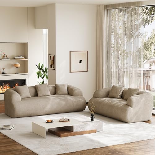 Boneless Couch Set, 91" + 75'' Cloud Couch Set, Chenille Curved Sofa, Modern Compression Sofa for Living Room, Bedroom and Apartment, No Assembly Required, Light Brown - color: Light Brown, size: 91'' + 75''