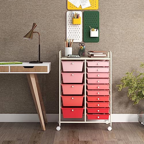GOFLAME 15-Drawer Rolling Storage Cart, Craft Storage Cart with Removable Drawers & Lockable Wheels, Art Cart Supply Storage Organizer for Home Office Classroom, Pink Gradient - color: Pink Gradient, size: 15 drawer-25"x14.5"x34.5"