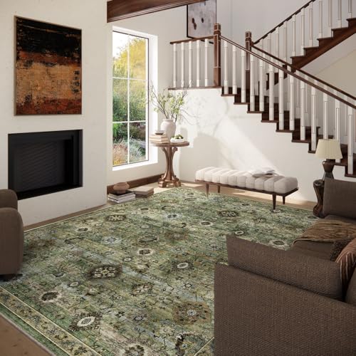 Washable Area Rugs for Living Room: 8x10 Rug Boho Vintage Rugs Stain Resistant Non Slip Low Pile Lightweight Soft Carpets for Bedroom Kitchen Dining Room Nursery Kids Room Farmhouse Home Office - color: Green and Beige, size: 8' x 10' (Rectangular)