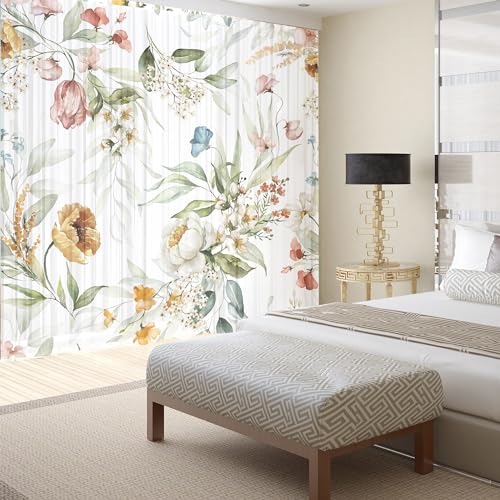 Floral Sheer Curtains for Living Room 63 inch Length 2 Panels Set Elegant Yellow Flower Spring Printed Window Curtain Chiffon Drapes for Bedroom - color: B-greenflower, size: 54"W x 63"L (Pack of 2)