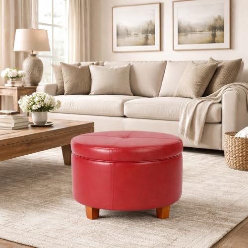 HomePop Round Leatherette Storage Ottoman with Lid, Cinnamon Red Large - color: Cinnamon Red