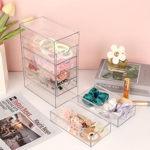 Hipiwe Plastic Drawer Organizer Desktop Storage Box with 6 Pull Out Drawers | Drawers Box for Bathroom, Dresser, Cosmetic Hair Tie Container for Women - size: 6-Drawers, 6.9"Lx4.1"Wx9.8"H