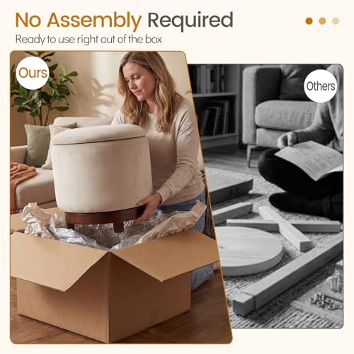 GIANTEX Round Ottoman with Storage, 360° Swivel Velvet Vanity Stool with Removable Lid, Wood Frame & Legs, Ottoman Foot Rest for Living Room, Bedroom, Makeup Room No Assembly (White & Walnut) - color: White & Walnut