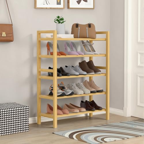 Bamboo Shoe Rack Free Standing Shoe Organizer Natural, 5-Tier,Small | with Smooth Round Rods & Convenient Handles, Stackable Shoe Storage Shelf for Entryway, Hallway - color: Natural, size: 5-Tier(Small)