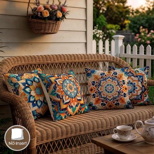 OBSEDE Boho Mandala Decorative Throw Pillow Covers 18 x 18 Inch Set of 4 | Faux Linen Texture, Blue Orange Psychedelic Floral, Bed Sofa Cushion Cases, Bohemian Home Decor, Spiritual Meditation Gift - color: Boho Spirit Mandala, size: 18" x 18" (Pack of 4)