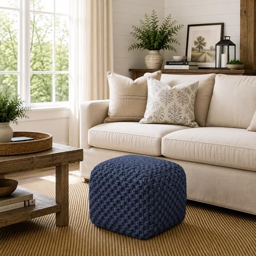 Casafield Square Pouf Ottoman, Navy Blue 18.5" W x 18.5" D x 14.5" H Cotton Knit Foot Stool - Boho Floor Pouffe for Living Room, Bedroom, Home Office - color: Navy Blue, size: 18.5"D x 18.5"W x 14.5"H
