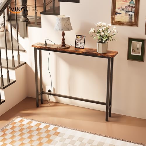 VINGLI 39" Console Table with Power Outlet, Narrow Sofa Table, Rustic Brown | Entryway Table with Charging Station & 4.9 Ft Extension Cord & Adjustable Feet, behind Couch Table for Living Room, Hallway - color: Rustic Brown, size: 39.37"