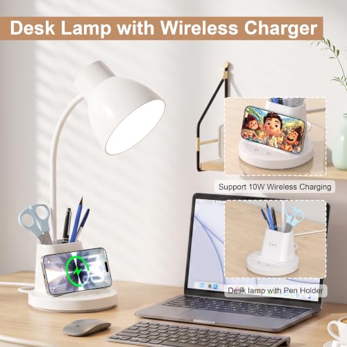 10W Wireless Charging LED Desk Lamp with Pen Holder, CRI 95, White | 800LM, 3 Modes, 360°Flexible Arm, Touch, Brightness, Table Lamp for Home Office, Dorm, Bedside, Study, Reading, with Adapter - color: White