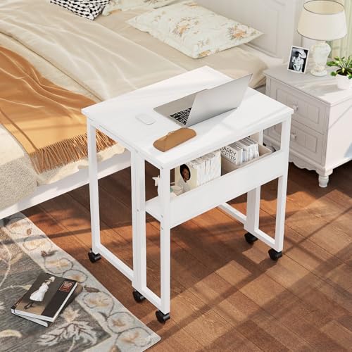 GreenForest Folding Desk with Wheels, 31.5" Rolling Table for Small Spaces | Storage Shelf, Lockable Casters, Compact Portable Workstation, Space-Saving Foldable Sofa Table, Home Office, Mobile, White - color: Pure White, size: 31.5 inch