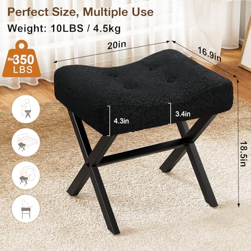 18-Inch Large Vanity Stool Chair, Black Makeup Stool | Teddy Flannel Vanity Bench, Metal X-Leg, 350 LBS, 20"x16.9"x18", Ottoman Accent Stool, Breathable Soft Padded Saddle Seat - size: Large, style: Black Fabric