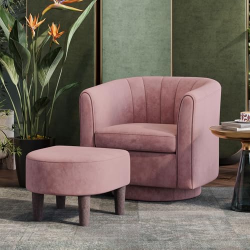 LINSY Swivel Accent Chair Ottoman Set: Velvet Small Barrel Chair with Foot Rest, Modern Reading Chair Upholstered Armchair with Footrest for Living Room Bedroom Study Room Office (Pink) - color: Pink, size: Small