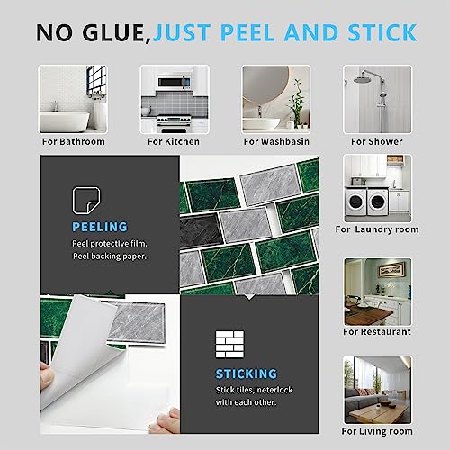 URCOLOR 10-Sheet Peel and Stick Backsplash Tile for Kitchen,12"x12" Self Adhesive Wall Tiles Stick on Back Splashes for Bathroom Green Marble Look - color: Green