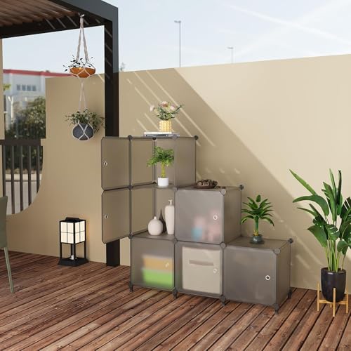 6Cube Storage Organizer Modular Stackable with Doors Grey | Sturdy plastic 6-cube cabinet with doors, 30x30x30cm per cube, tool-free snap assembly, ideal for bedroom, stairs, closet. - color: Grey