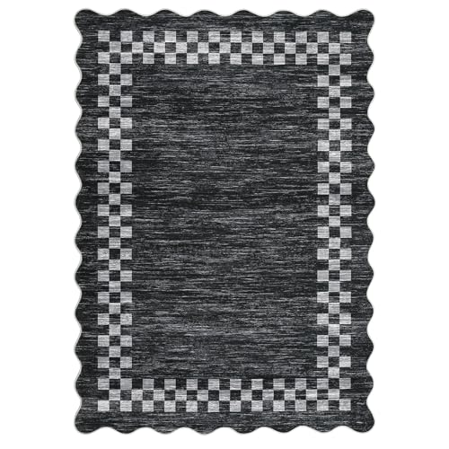 GarveeHome Small Area Rug 2x3 Washable Solid Color Scalloped Kitchen Rugs | Modern Checkered Entry Rug Bedroom Doormat Non Slip Stain Resistant Bordered Throw Carpet for Living Room Nursery, Grey - color: Scalloped Dark Grey, size: 2' x 3' (Rectangular)