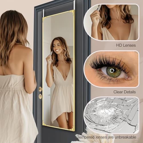 48"x14" Door Mirror, Rectangle Full Length Mirror, Over the Door Mirrors Full Length, Hanging Mirrors for Bedroom, Bathroom, Gold