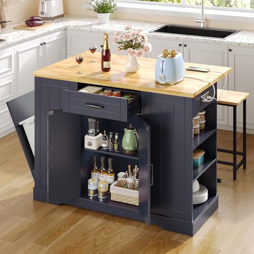 47" Kitchen Island with Seating, Stationary Island Table with Storage Include 2 Chairs, Kitchen Islands with Drop Leaf, Dining Table with Trash Cabinet & Power Outlet & Spice Rack, Blue - color: Blue