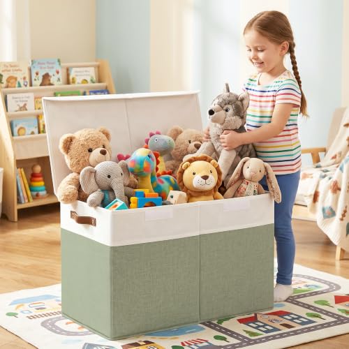 Large Toy Storage Box with Lids, Collapsible Sturdy Baby Storage Organizer Chest Bin Basket for Kids, Boys, Girls, Playroom, Nursery, Bedroom, Closet 25"x13"x16" (Green and White) - color: Green and White