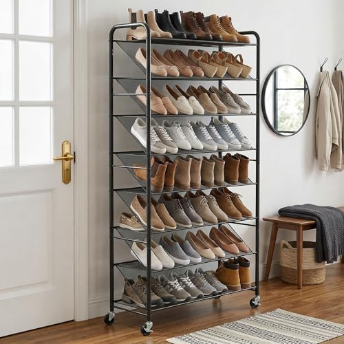 STORAGE MANIAC Tall Shoe Rack, 8 Tiers Shoe Organizer with Lockable Wheels for Entryway, Closet, Hallway, Double-Sided Vinyl Mesh Shelf Shoe Storage, Holds 60 Paris, Black