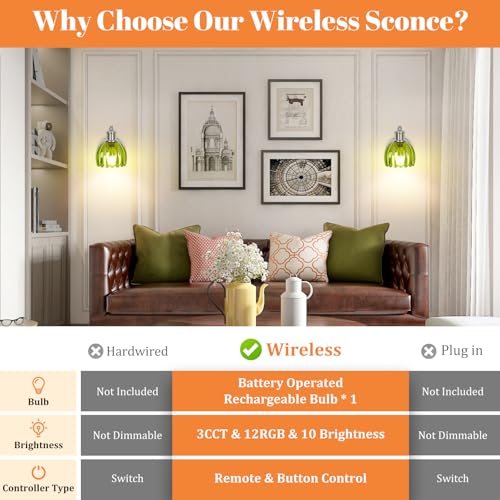 VerRon Rechargeable Battery Operated Wall Sconce with Green Glass Lampshade, Wireless Wall Scone Decor with Remote Control, 15 Colors Brushed Nickle Wall Light for Bedside Hallway Bedroom Doorway - color: Green & Brushed Nickle, size: 1-Pack
