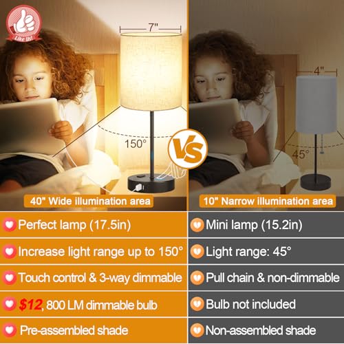 Lynnoland 2 Pack Touch Control Table Lamps with 2 USB & AC Outlet, 3-Way Dimmable Bedside Nightstand Lamps for Bedroom Living Room Nursery, 800 Lumens 3000K Warmlight Bulbs Included - color: (2 Pack)Beige Linen & Black(Base)-3000K Bulbs Included