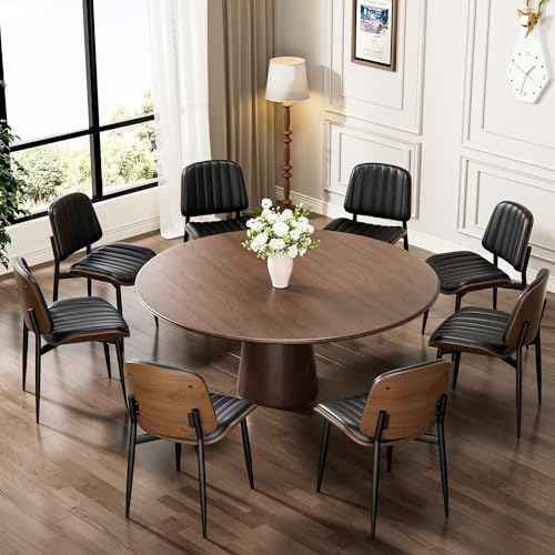 Dining Chairs Set of 2, Mid-Century Modern Upholstered PU Leather Chairs | with Walnut Bentwood Back and Metal Legs Adjustable Feet for Kitchen Dining Living Room, Dark Black Vertical Stripes - color: Dark Black Vertical Stripes