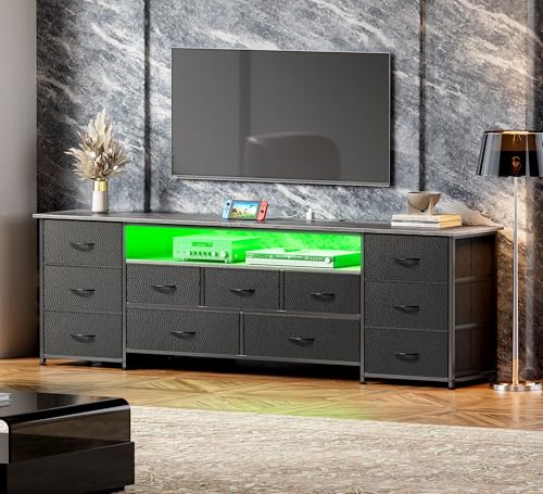 Huuger 70 Inch TV Stand for 75, 80 Inch TV, 11 Drawer Long Dresser with Power Outlets and LED Lights, Entertainment Center with Storage, Grey Dresser with PU Leather Surface - color: Grey, size: 13"D x 70.9"W x 26.8"H