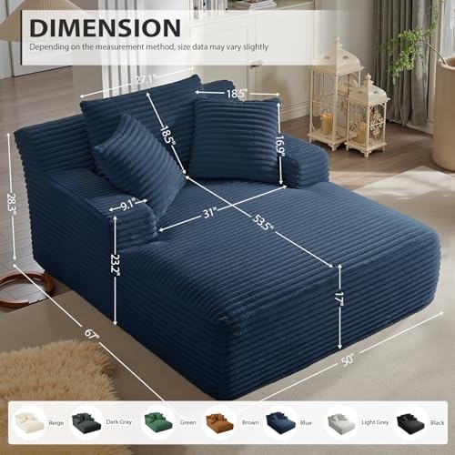 67 Inch Chaise Lounge Chair Indoor, Oversized Corduroy Upholstered Boneless Sofa Bed, Deep Seat Sleeper Couch Reading Chairs, Cloud Sofas Couches for Living Room, No Assembly Required (Blue) - color: Blue, size: 50"W x 67"D